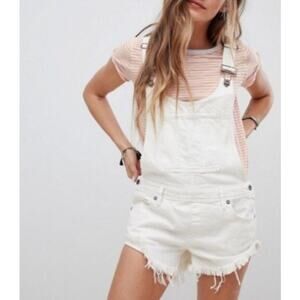 Free People Summer Babe Denim Shortalls White Distressed Frayed 26 XS
